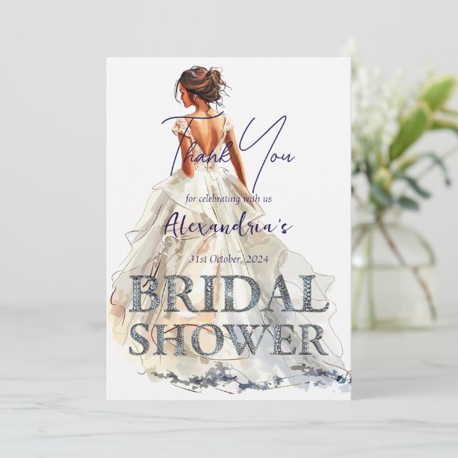 Custom Bridal Shower Bride in white Thank You Card (Standing Front)