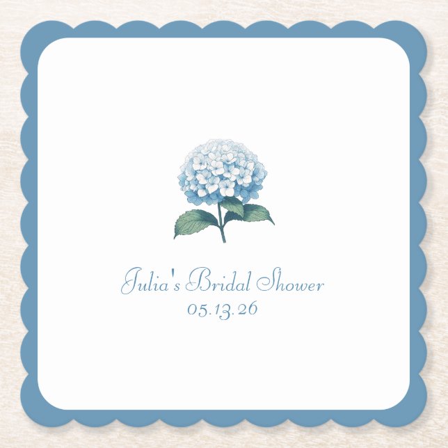 Custom Bridal Shower Elegant Chic Blue Hydrangea Paper Coaster (Front)