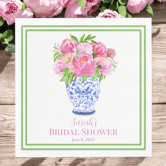 Custom Bridal Shower Pink Peonies Chinoserie Vase Napkins (Creator Uploaded)
