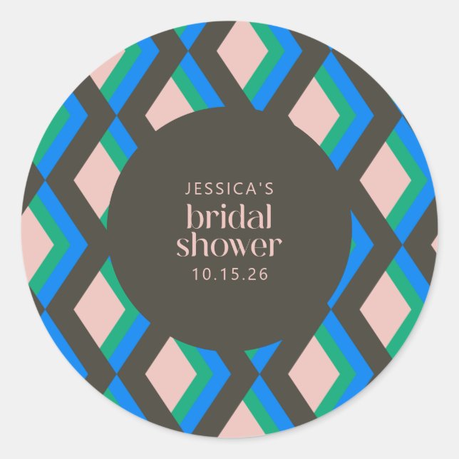 Custom Bridal Shower Retro Geometric Pattern Classic Round Sticker (Front)
