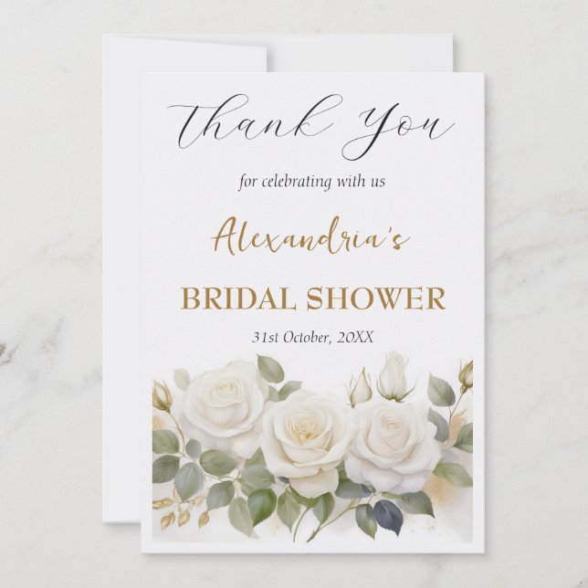 Custom Bridal Shower White Roses Thank you Card (Front)