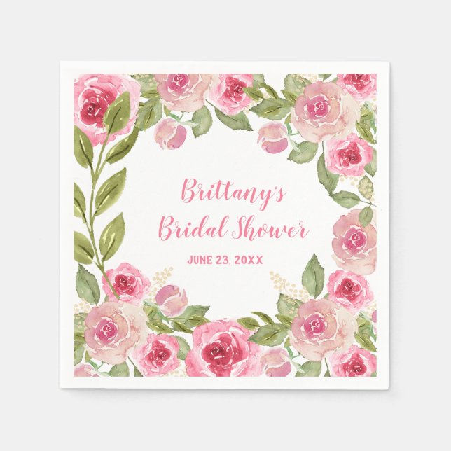 Custom Bridal Shower Wild Pink Roses Greenery  Napkins (Front)