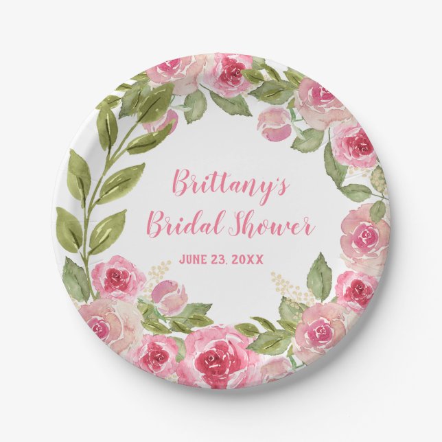Custom Bridal Shower Wild Pink Roses Greenery Paper Plates (Front)