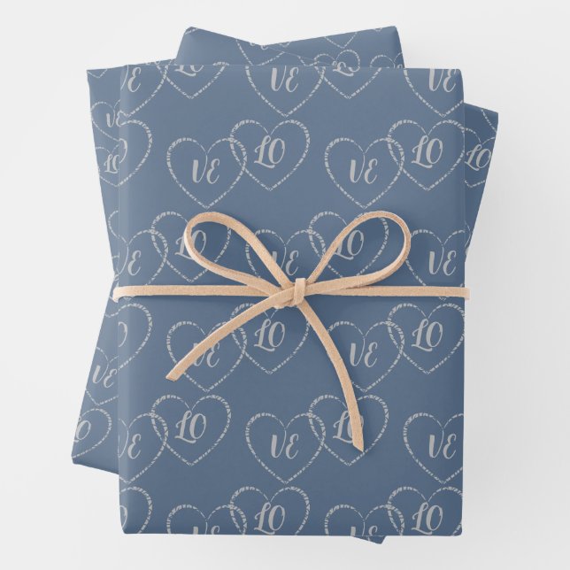 Custom Bride and Groom Heart Charms, Silver & Blue Wrapping Paper Sheets (In situ)