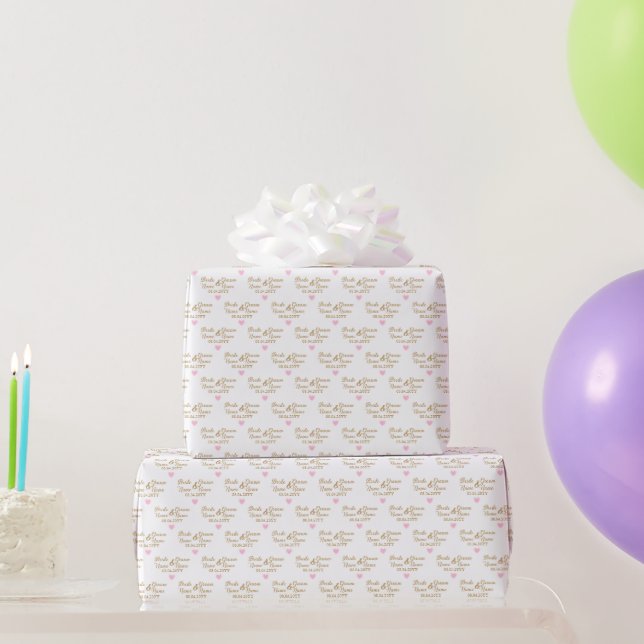 Custom Bride and Groom Wedding Pastel Pink Hearts Wrapping Paper (Party Gifts)