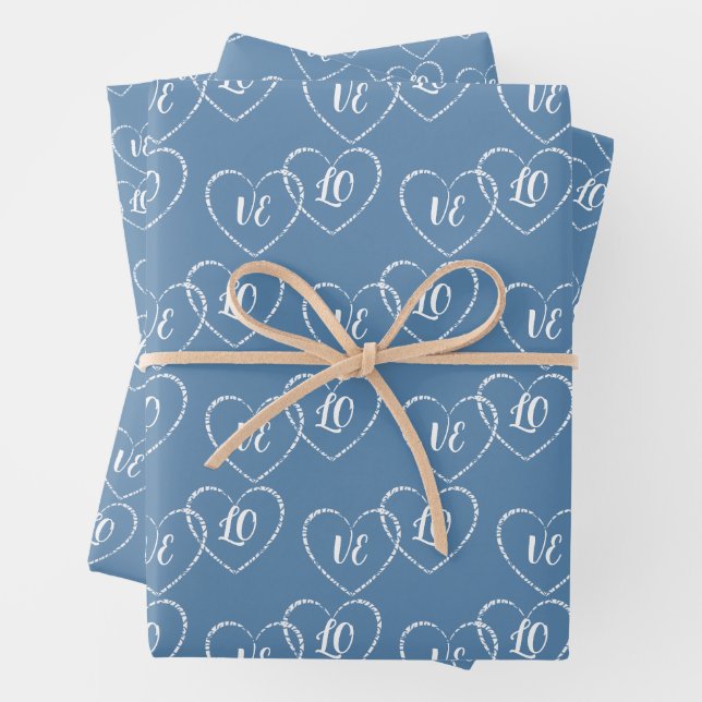 Custom Bride & Groom Blue & White Heart Charms Wrapping Paper Sheets (In situ)
