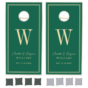 Custom Bride Groom Emerald Green and Gold Wedding Cornhole Set