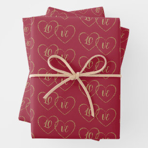 Custom Bride & Groom Gold Heart Charms on Burgundy Wrapping Paper Sheets