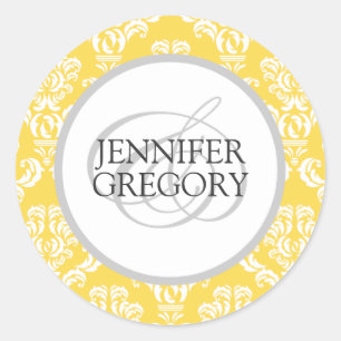Custom Bride Groom Names Yellow Damask Wedding Classic Round Sticker