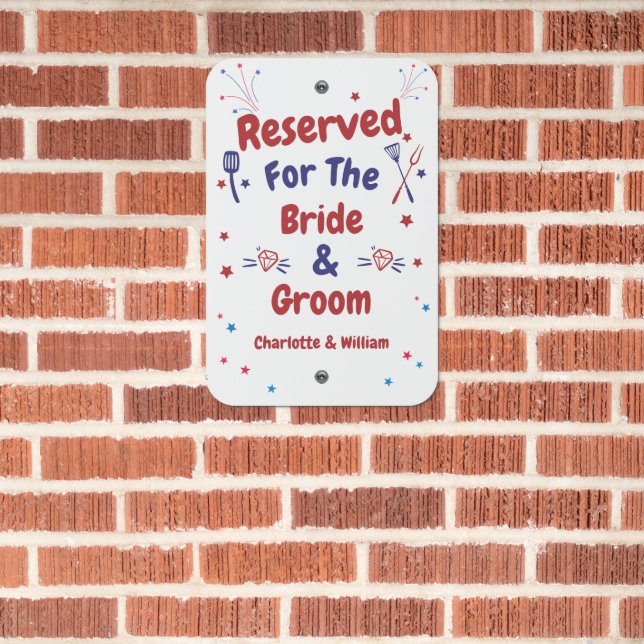 Custom Bride & Groom Reserved Parking Wedding Metal Sign (In Situ(Brick))