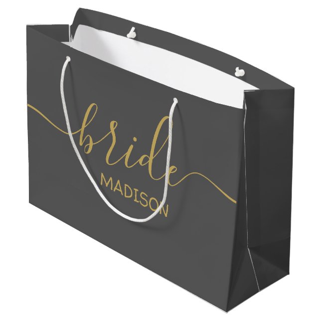Custom Bride Name Girly Chic Gold Script Gray Large Gift Bag (Back Angled)