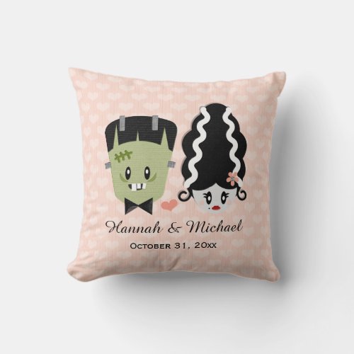 Custom Bride of Frankenstein and Monster Wedding Throw Pillow