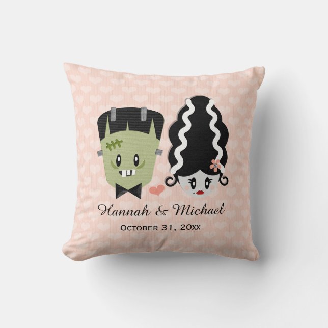 Custom Bride of Frankenstein and Monster Wedding Throw Pillow (Front)