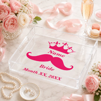Custom Bride Pink Tiara Mustache Acrylic Tray