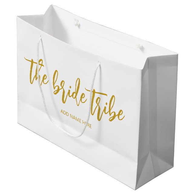 Custom Bride Tribe Gold White Wedding  Large Gift Bag (Front Angled)