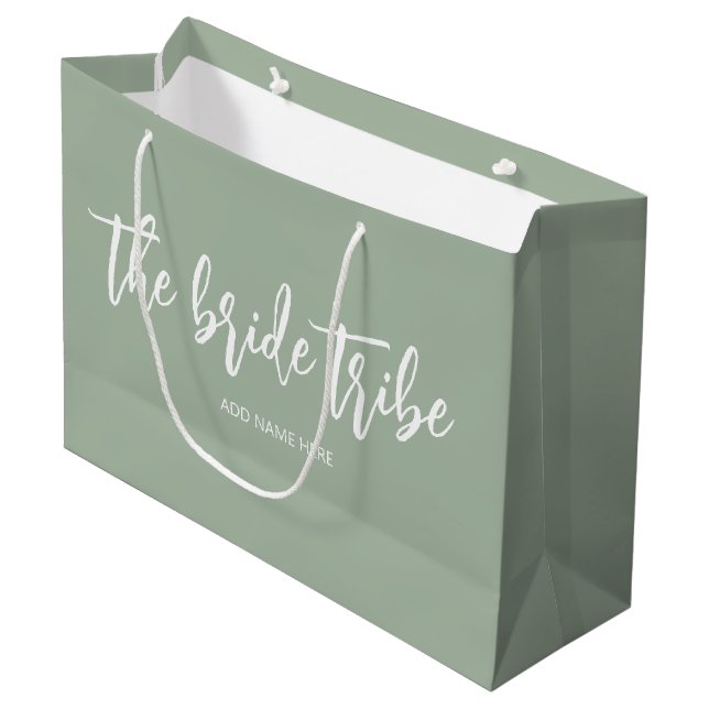 Custom Bride Tribe Sage Green Wedding  Large Gift Bag (Front Angled)