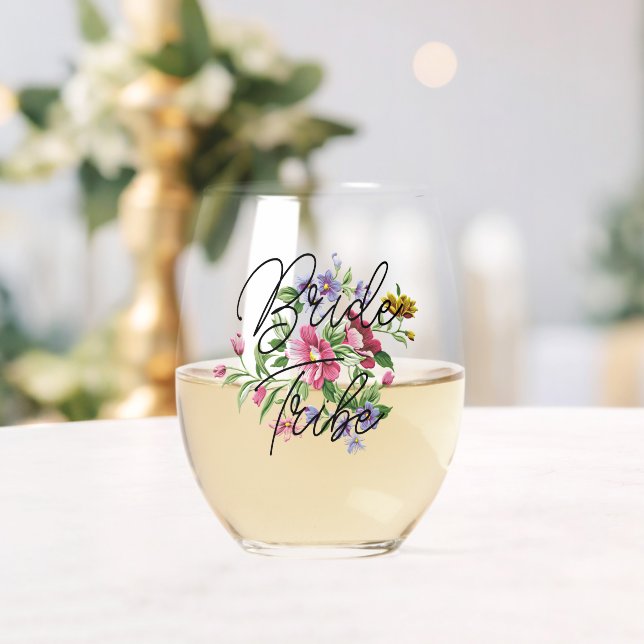 Custom Bride Tribe Text On Flower Bouquet Stemless Wine Glass (Insitu (Wedding))