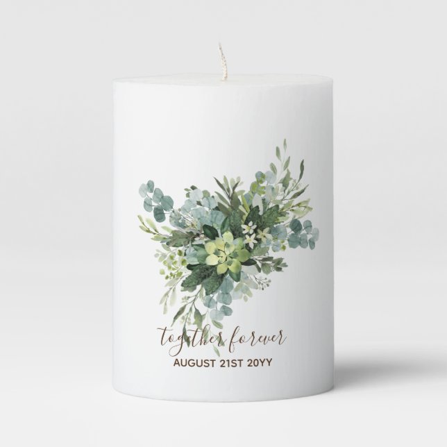Custom Bridesmaid Bridal Party Gifts Greenery  Pillar Candle (Front)
