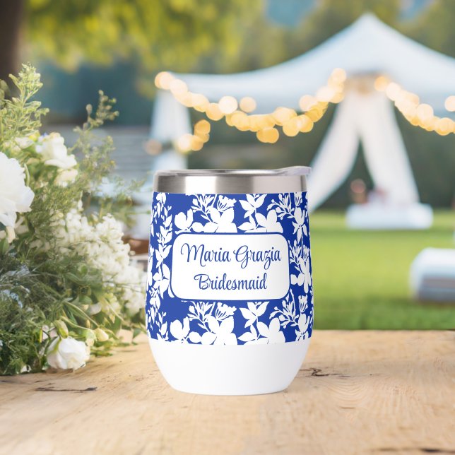 Custom Bridesmaid Chic Blue White Floral  Thermal Wine Tumbler (Wedding)