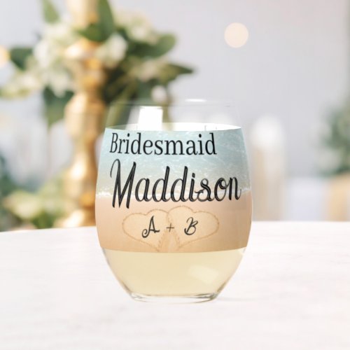 Custom Bridesmaid gift  Beach Wedding Heart Sand Stemless Wine Glass