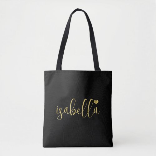 Custom Bridesmaid Gold Script Name Black Tote Bag