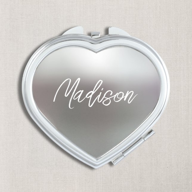 Custom Bridesmaid Heart Compact Mirror (Modern Grey Custom Script Compact Mirror. Wedding Silver Grey White Bridal Favors. )