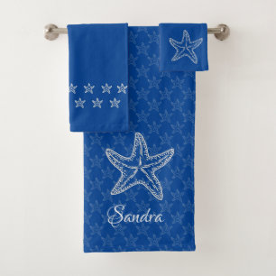 Custom Bright Blue White Chic Beach house Starfish Bath Towel Set