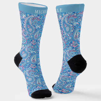 Custom Bright Blue White Pink Paisley Pattern Socks