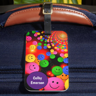 Custom Bright Colorful Happy Smiles Purple Bubble Luggage Tag