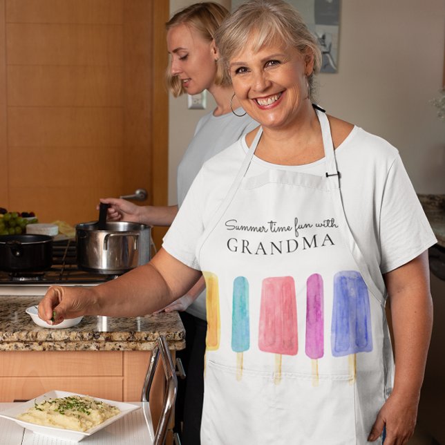 Custom bright colorful modern summer  apron (fun modern five popsicals with the saying summer time fun with grandma , all text fully customizable)