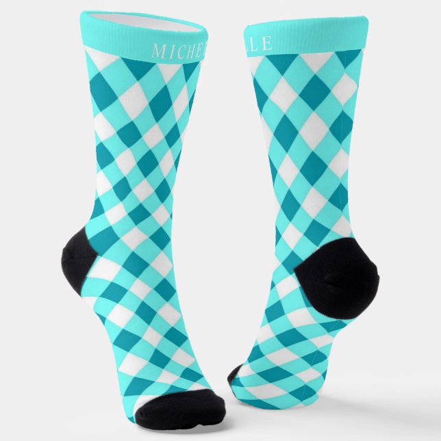 Custom Bright Dark Teal Blue White Checkered  Socks (Angled)