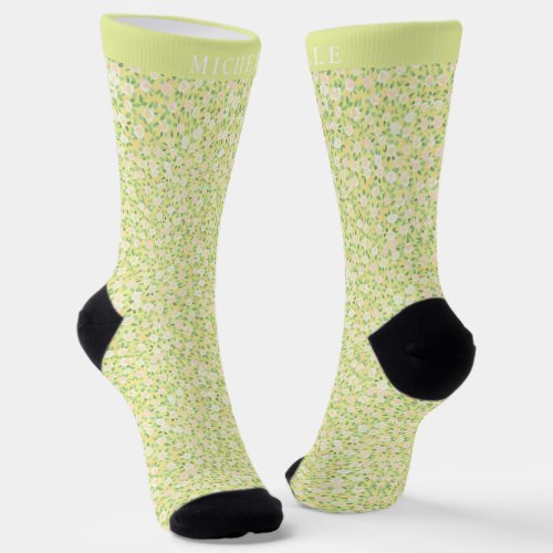 Custom Bright Lemon Yellow Floral Green Pattern Socks