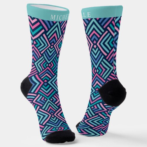 Custom Bright Light Dark Blue Pink Geometric  Socks