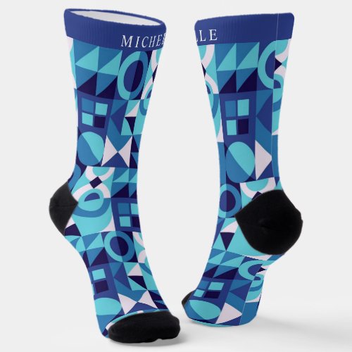 Custom Bright Light Dark Blue White Geometric  Socks