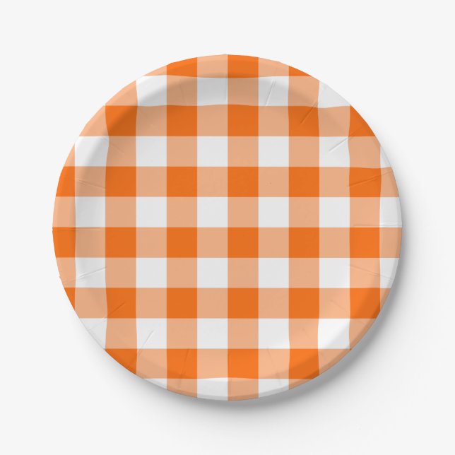 Custom Bright Orange Gingham Paper Plates (Front)
