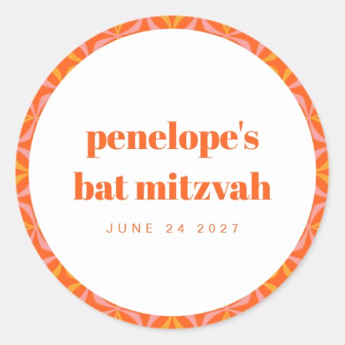 Custom Bright Orange Retro Typography Bat Mitzvah Classic Round Sticker