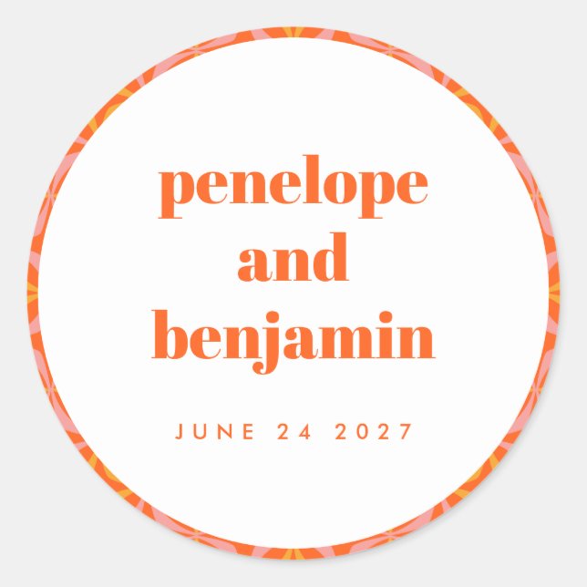 Custom Bright Orange Retro Typography Wedding Name Classic Round Sticker (Front)