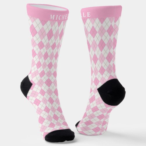 Custom Bright Pastel Pink White Argyle Pattern Socks