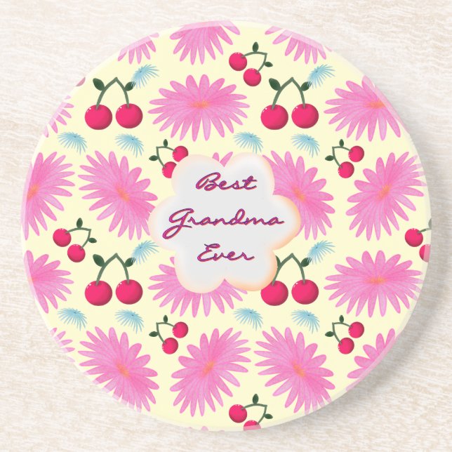 Custom Bright Pink Floral Cherry Pattern  Coaster (Front)