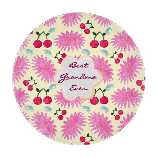 Custom Bright Pink Floral Cherry Pattern  Cutting Board (Front)