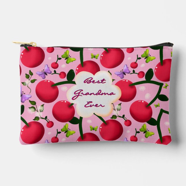 Custom Bright Pink Floral Cherry Pattern gift Accessory Pouch (Front)