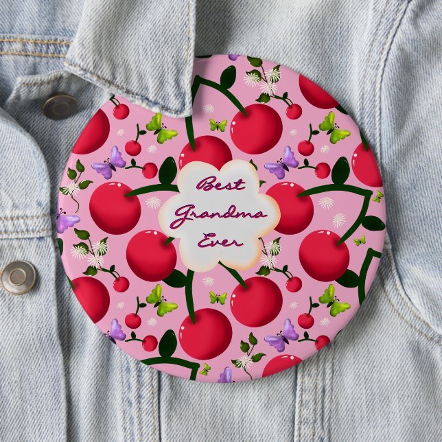 Custom Bright Pink Floral Cherry Pattern gift Button (In Situ)