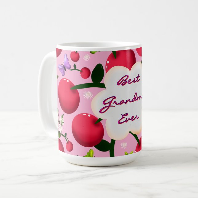 Custom Bright Pink Floral Cherry Pattern gift Coffee Mug (Front Left)