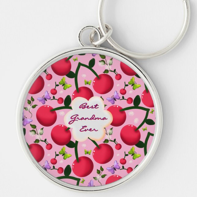 Custom Bright Pink Floral Cherry Pattern gift Keychain (Front)