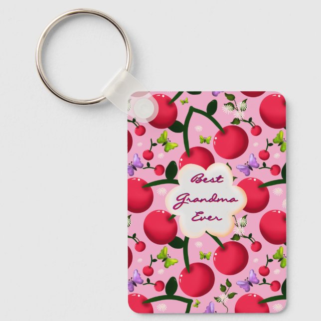 Custom Bright Pink Floral Cherry Pattern gift Keychain (Front)