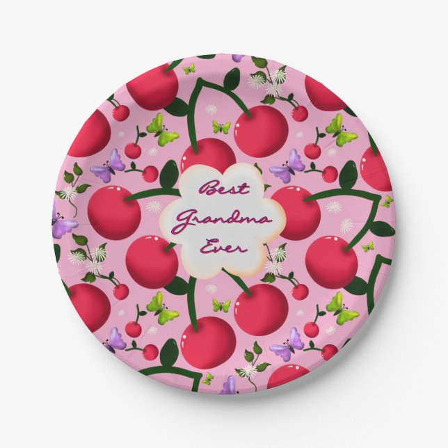 Custom Bright Pink Floral Cherry Pattern gift Paper Plates (Front)