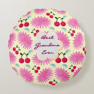 Custom Bright Pink Floral Cherry Pattern  Round Pillow