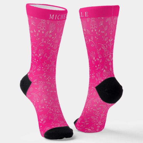 Custom Bright Pink Floral Silver Flowers Socks