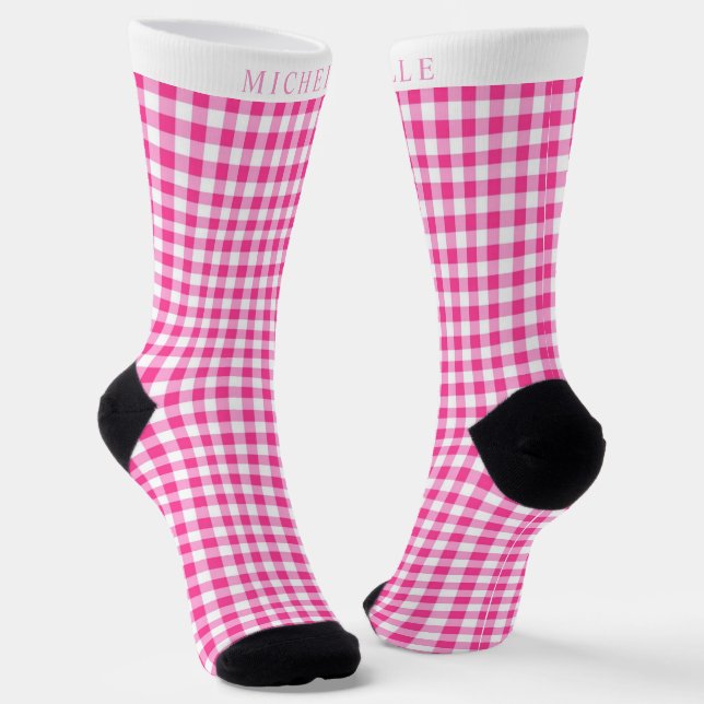 Custom Bright PInk White Checkered Pattern Socks (Angled)