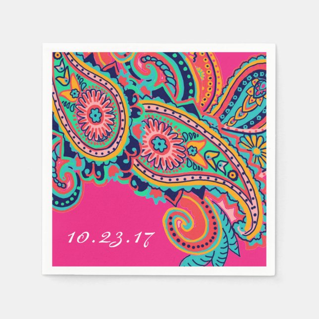 Custom Bright Rainbow Paisley Flourish Paper Napkins (Front)